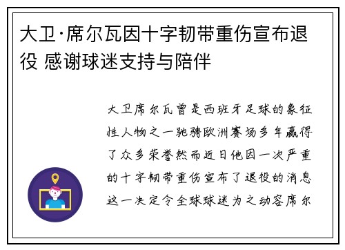 大卫·席尔瓦因十字韧带重伤宣布退役 感谢球迷支持与陪伴
